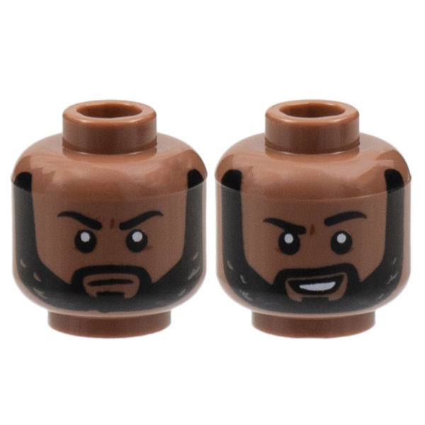 Medium Brown LEGO Part 3626cpb3062 Minifigure, Head Dual Sided Black Eyebrows and Beard, Neutral / Grin with Raised Left Eyebrow Pattern - Hollow Stud