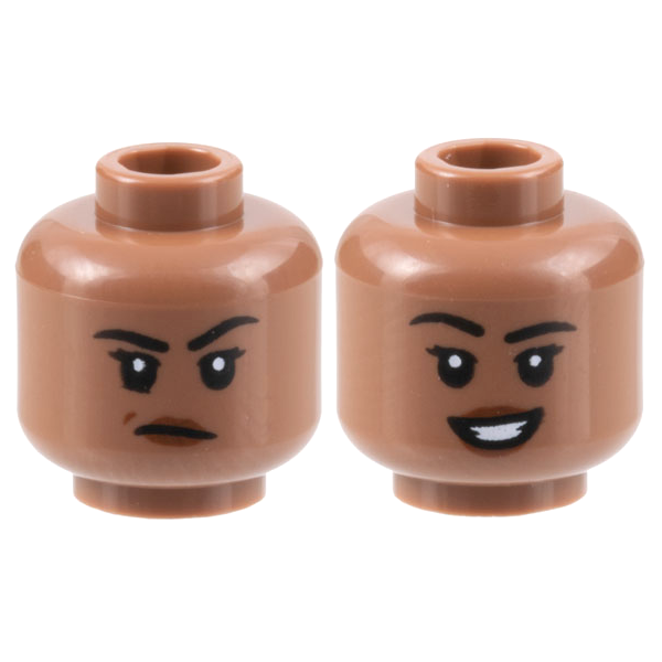 Medium Brown LEGO Part 3626cpb3168 Minifigure, Head Dual Sided Female Black Eyebrows, Reddish Brown Lips, Frown with Raised Eyebrow Left / Open Mouth Smile Pattern - Hollow Stud