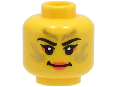 Display of LEGO part no. 3626cpb3314 which is a Yellow Minifigure, Head Female Black Eyebrows, Gold Stripes Face Paint, Coral Lips and Eye Shadow, Smile Pattern, Hollow Stud (BAM) 