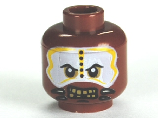 Display of LEGO part no. 3626pb0571 which is a Reddish Brown Minifigure, Head PotC Cannibal White and Yellow Face Paint Pattern 