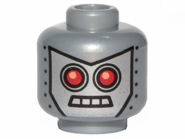 Display of LEGO part no. 3626pb1083 which is a Flat Silver Minifigure, Head Alien with Red Eyes, 4 Mouth Squares and Rivets Pattern 