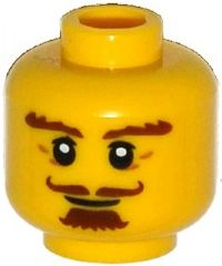 Display of LEGO part no. 3626pb1253 which is a Yellow Minifigure, Head Beard Brown, Goatee, Curly Moustache, Bushy Eyebrows, Thin Smile Pattern 