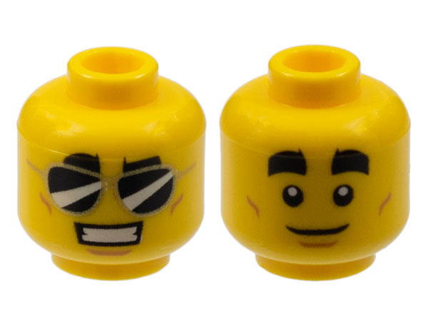Display of LEGO part no. 3626pb2396 which is a Yellow Minifigure, Head Dual Sided Thick Black Eyebrows, Black Sunglasses, Smile with Teeth / White Pupils, Closed Mouth Pattern 