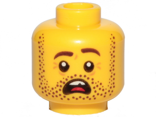 Display of LEGO part no. 3626pb2456 which is a Yellow Minifigure, Head Dark Brown Beard Stubble, Dark Brown Eyebrows, Left Raised, Open Mouth, Teeth and Tongue, Scared Pattern 