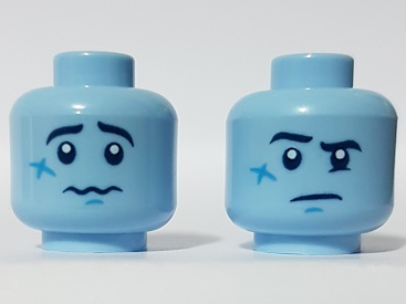 Display of LEGO part no. 3626pb2547 which is a Bright Light Blue Minifigure, Head Dual Sided Black Raised Eyebrow, Dark Azure Cheek Scar, Nervous / Puzzled Pattern 