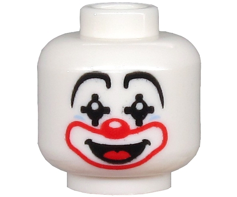 Display of LEGO part no. 3626pb2581 which is a White Minifigure, Head Clown Large Drawn Eyebrows, Black Pointed Eyes, Red Nose and Mouth, Smile with Tongue Pattern 