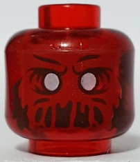 Display of LEGO part no. 3626pb3338 which is a Trans-Red Minifigure, Head Alien Ghost with White Eyes, Red Face, and Slime Mouth with Frown Pattern 