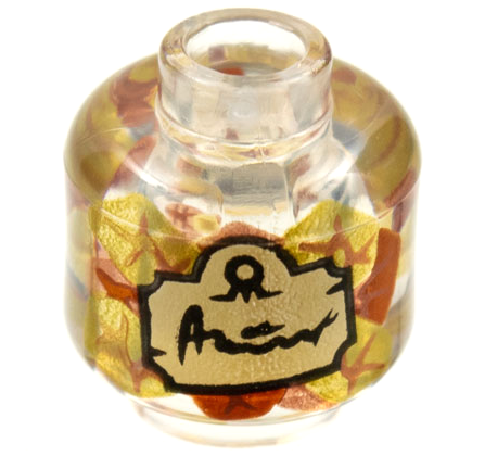 Display of LEGO part no. 3626pb3349 which is a Trans-Clear Minifigure, Head without Face with Copper, Gold, and Dark Orange Leaves, Tan Label with Script Writing Pattern 