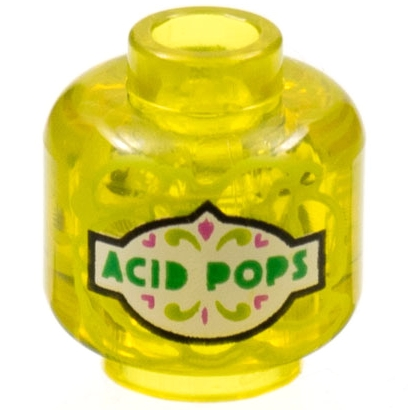 Display of LEGO part no. 3626pb3350 which is a Trans-Yellow Minifigure, Head without Face with Green 'ACID POPS' on White Label Pattern 
