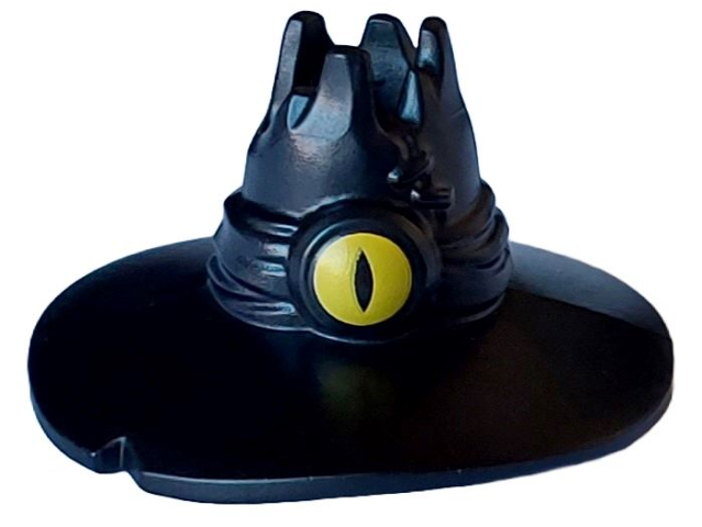 Display of LEGO part no. 3631pb01 which is a Black Minifigure, Headgear Hat, Wide Brim, Wrapped Scarf, and Spikes on Top with Yellow Eye Pattern 