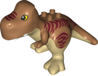 Display of LEGO part no. 36327c03pb01 which is a Medium Nougat Duplo Dinosaur Tyrannosaurus rex with Fixed Tan Stomach and Legs and Printed Dark Red Stripes, Black and Yellow Eyes, White Teeth Pattern 