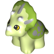 Display of LEGO part no. 37063pb02 which is a Yellowish Green Duplo Dinosaur Triceratops Baby with Horns and Silver Spots Pattern 