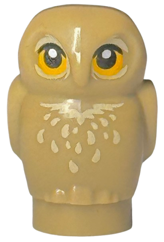 Display of LEGO part no. 3753pb03 which is a Dark Tan Owl, Small with Bright Light Orange Eyes and Tan Feathers Pattern 