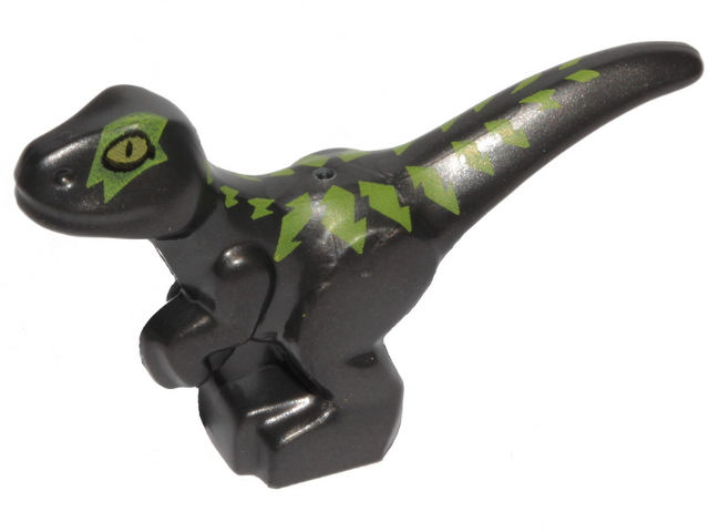 Display of LEGO part no. 37829pb04 which is a Pearl Dark Gray Dinosaur Baby Standing with Lime Markings and Yellow Eyes Pattern 