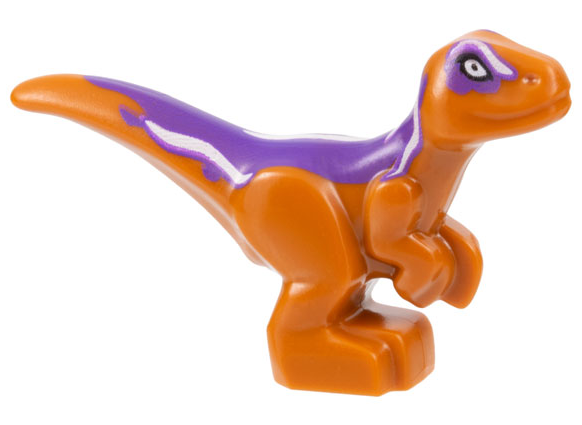 Display of LEGO part no. 37829pb10 which is a Dark Orange Dinosaur Baby Standing with Dark Purple Back, White Stripes, and White Eyes Pattern 