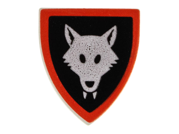 Display of LEGO part no. 3846p44b which is a Light Gray Minifigure, Shield Triangular Short with Wolfpack Oval Eyes, Red Border around Black Background Pattern 