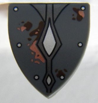 Display of LEGO part no. 3846pb037 which is a Dark Bluish Gray Minifigure, Shield Triangular Short with Silver Rivets and Diamonds, Rust and Dirt Stains Pattern 