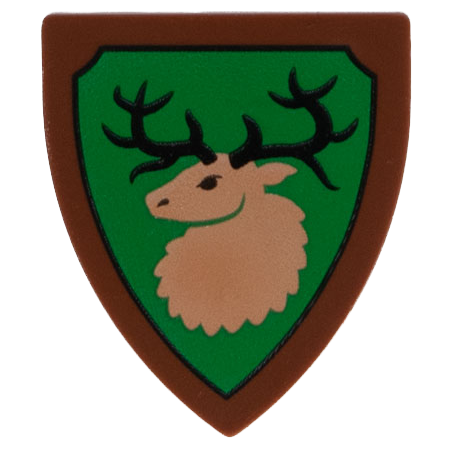 Reddish Brown LEGO Part Minifigure, Shield Triangular with Forestmen Elk / Deer Head on Green Background with Black Outline Pattern 3846pb058