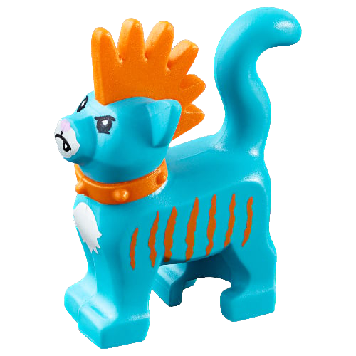 Display of LEGO part no. 39742pb02 which is a Medium Azure Cat, Standing with Molded Orange Spiky Mohawk and Collar, Printed Stripes Pattern (Mo)
