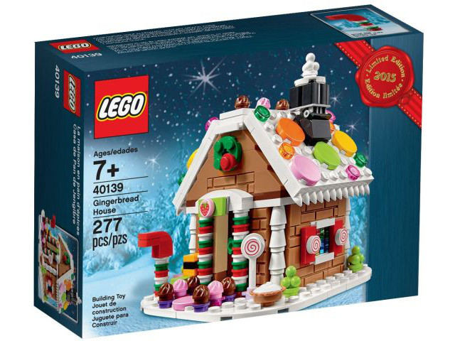 LEGO Gingerbread House set packaging with colorful gingerbread house design on a blue background
