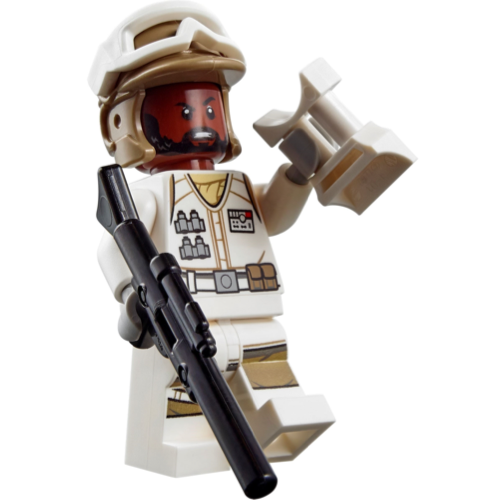 Display of LEGO Star Wars Hoth Rebel Trooper White Uniform, Dark Tan Helmet, Reddish Brown Head with blaster and binoculars