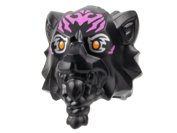 Display of LEGO part no. 4055pb01 which is a Black Minifigure, Head, Modified Tiger with Braided Beard with Dark Pink Markings and Orange Eyes with Silver Outlines Pattern 