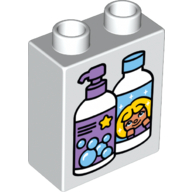 Display of LEGO part no. 4066pb606 which is a White Duplo, Brick 1 x 2 x 2 with Two Bubble Bath Bottles Pattern 