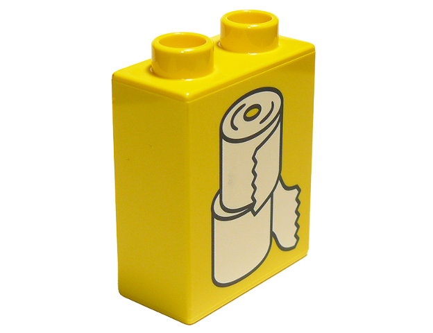 Display of LEGO part no. 4066pb607 which is a Yellow Duplo, Brick 1 x 2 x 2 with White Toilet Paper Rolls Pattern 