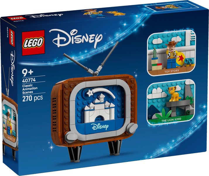 LEGO Disney packaging with a vintage TV design and toy figures on a blue background