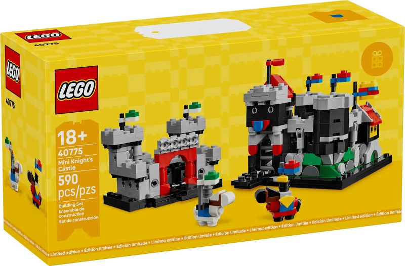 LEGO Mini Knights' Castle set packaging on a yellow background