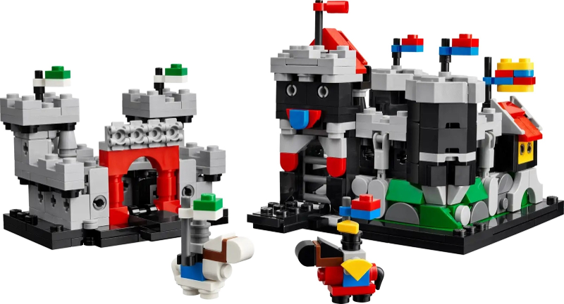 LEGO castle set with detailed architecture and small figures on a white background
