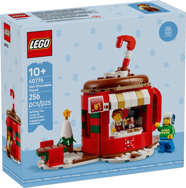 LEGO Hot Chocolate Stand set packaging with toy figures on a blue background