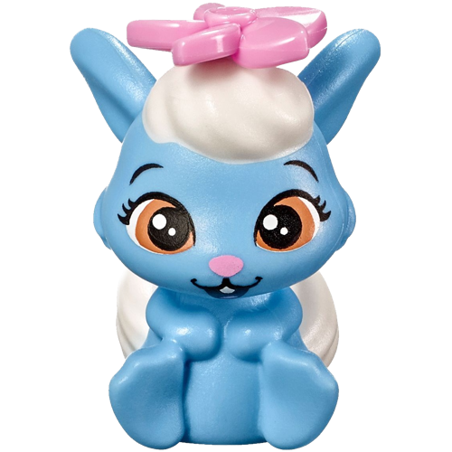 Display of LEGO part no. 28463pb01 which is a Bright Light Blue Bunny / Rabbit, Whisker Haven Tales, Snow White&#39;s Bunny with White Bangs and Tail, Medium Nougat Eyes and Bright Pink Nose Pattern (Berry)