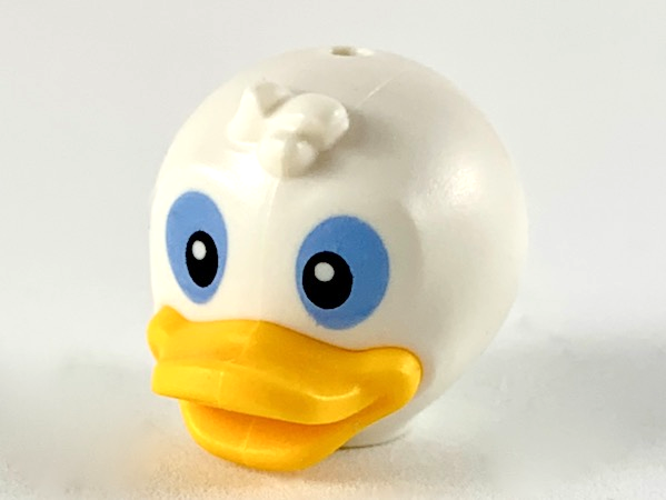 Display of LEGO part no. 41594pb01 which is a White Minifigure, Head, Modified Duck with Forehead Tuft, Bright Light Orange Bill and Black and Medium Blue Eyes Pattern (Donald's Nephews) 