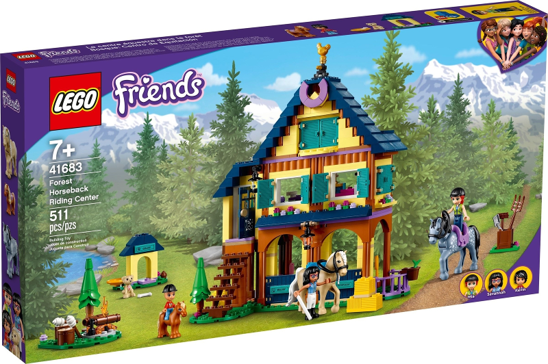 LEGO Friends forest horseback riding center set packaging with mountains and trees in the background