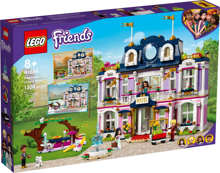 LEGO Friends Heartlake City Grand Hotel set packaging with toy figures and building model on a green background