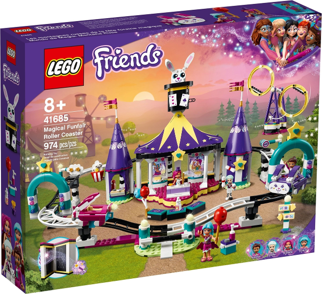 LEGO Friends Magical Funfair Roller Coaster set packaging with colorful design and LEGO logo.