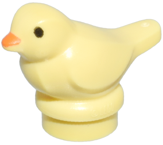 Display of LEGO part no. 41835pb02 which is a Bright Light Yellow Bird, Small with Black Eyes and Orange Beak Pattern 