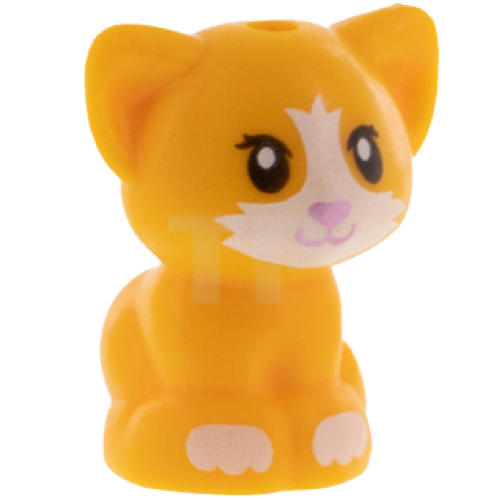 Display of LEGO part no. 69902pb02 which is a Bright Light Orange Cat, Friends, Baby Kitten, Sitting with Metallic Pink Nose, White Muzzle and Paws Pattern