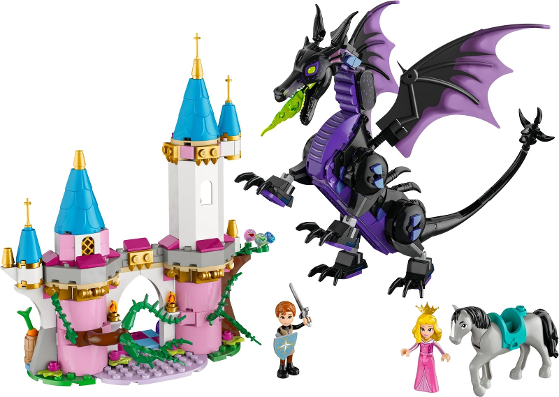 LEGO set with a castle, dragon, and characters on a white background