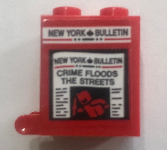 Display of LEGO part no. 4345pb09 which is a Red Container, Box 2 x 2 x 2 with Newspaper Rack 'NEW YORK BULLETIN' and 'CRIME FLOODS THE STREETS' Pattern (Sticker), Set 76108 