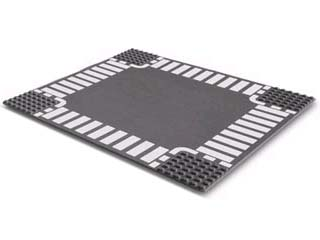 Display of LEGO part no. 44343px3 which is a Dark Bluish Gray Baseplate, Road 32 x 32 6-Stud Crossroad with White Dashed Lines and Crosswalks Pattern 