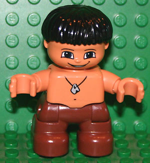 This LEGO minifigure is called, Duplo Figure Lego Ville, Child Boy, Reddish Brown Legs, Black Hair, Stone Necklace (Caveman) (4515402) . It's minifig ID is 47205pb019.