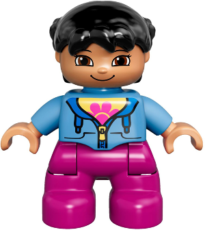This LEGO minifigure is called, Duplo Figure Lego Ville, Child Girl, Magenta Legs, Medium Blue Jacket over Shirt with Flower, Black Pigtails . It's minifig ID is 47205pb035.