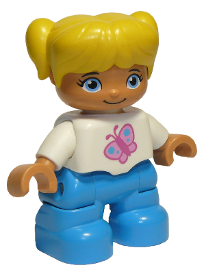 This LEGO minifigure is called, Duplo Figure Lego Ville, Child Girl, Dark Azure Legs, White Top with Pink Butterfly, Yellow Hair with Pigtails (6228500) . It's minifig ID is 47205pb037.