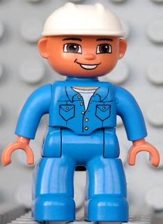 This LEGO minifigure is called, Duplo Figure Lego Ville, Male, Blue Legs, Blue Top with Pockets, White Construction Helmet, Brown Eyes and Open Mouth Smile . It's minifig ID is 47394pb105.