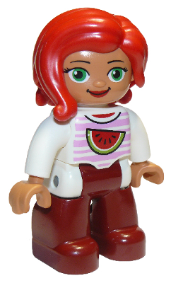 This LEGO minifigure is called, Duplo Figure Lego Ville, Female, Dark Red Legs, White Top with Bright Pink Stripes and Watermelon Pattern, Green Eyes, Red Hair . It's minifig ID is 47394pb226.
