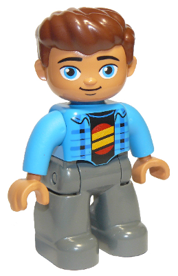 This LEGO minifigure is called, Duplo Figure Lego Ville, Male, Dark Bluish Gray Legs, Dark Azure Jacket, Black Shirt, Reddish Brown Hair . It's minifig ID is 47394pb246.
