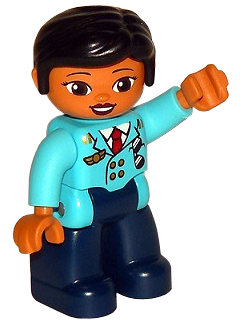 This LEGO minifigure is called, Duplo Figure Lego Ville, Female Pilot, Dark Blue Legs, Medium Azure Top with Red Tie, Black Hair . It's minifig ID is 47394pb249.