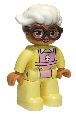 This LEGO minifigure is called, Duplo Figure Lego Ville, Female, Bright Light Yellow Suit with Bright Pink Apron, Dark Brown Glasses, White Hair . It's minifig ID is 47394pb283.